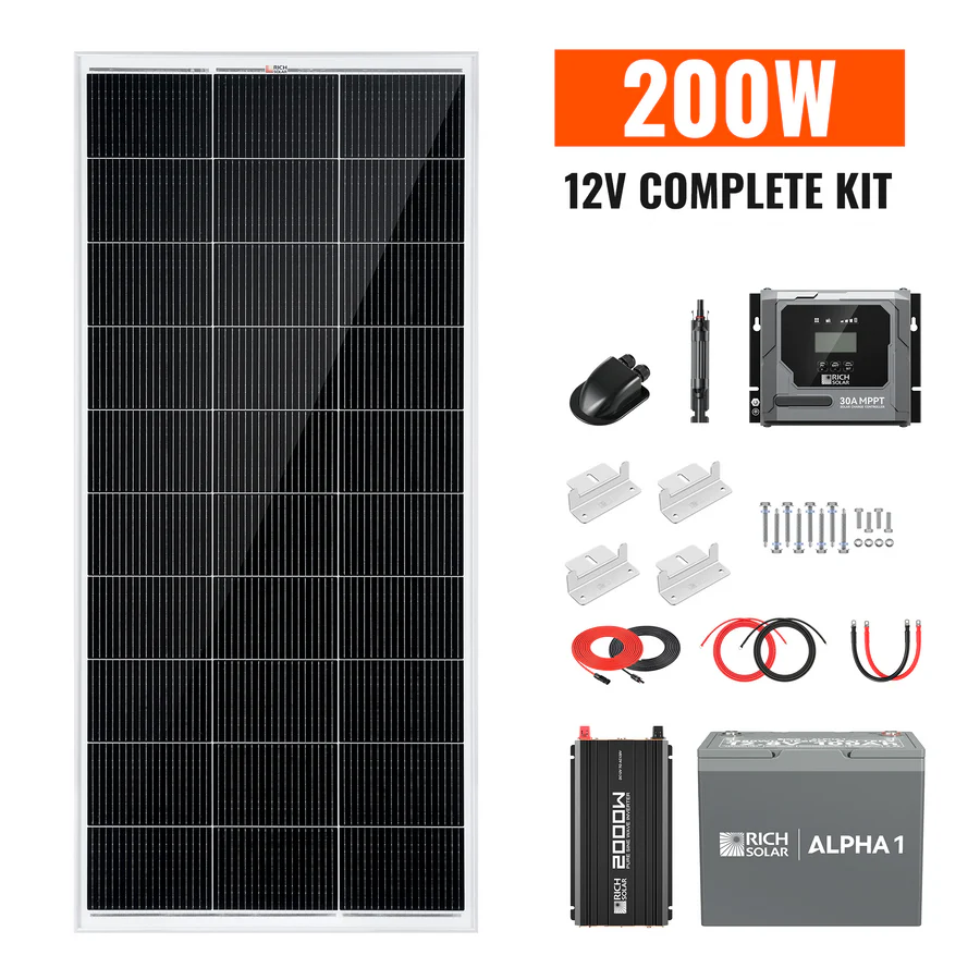 Complete 200w off grid solar kit with deep cycle battery and pure sine wave inverter
