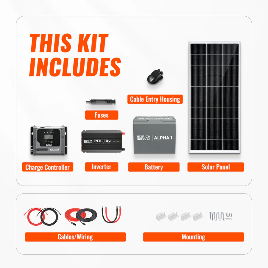Complete 200w off grid solar kit with deep cycle battery and pure sine wave inverter