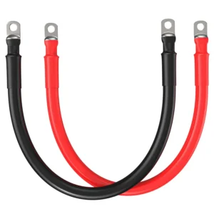 Pair of red and black 1/0 gauge copper battery cables with 3/8 inch lugs professionally terminated
