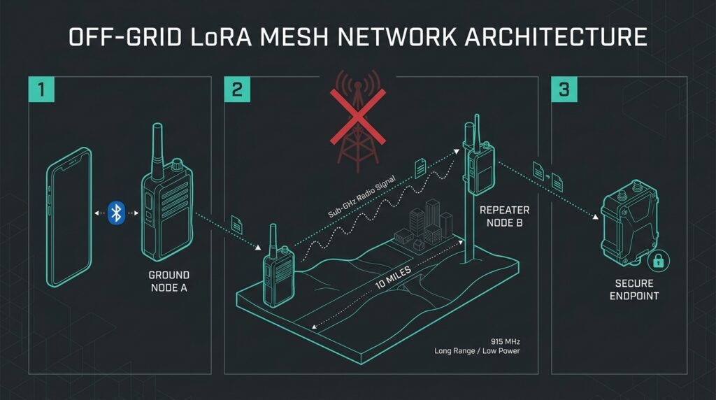 A detailed technical layout schematic of a decentralized LoRa mesh network showing data packet hops between off-grid emergency communication nodes.
